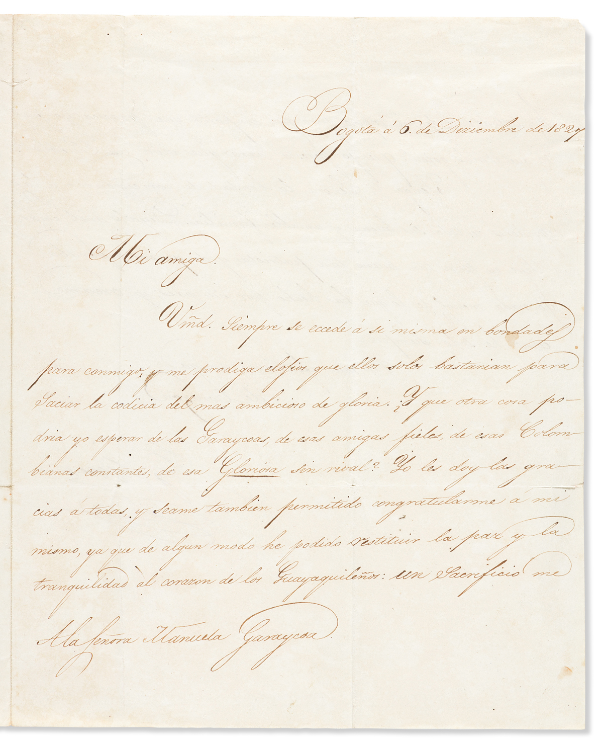 (SOUTH AMERICA.) BOLÍVAR, SIMÓN. Letter Signed, Bolivar, as President of Gran Colombia, to Manuela Garaycoa, in Spanish,